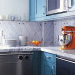 marble backsplash blue orange kitchen